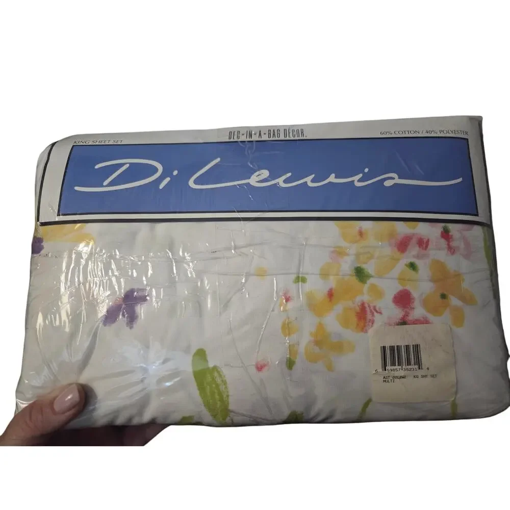 Vtg Di Lewis For Revman KING Bed in Bag Sheet SET White Floral